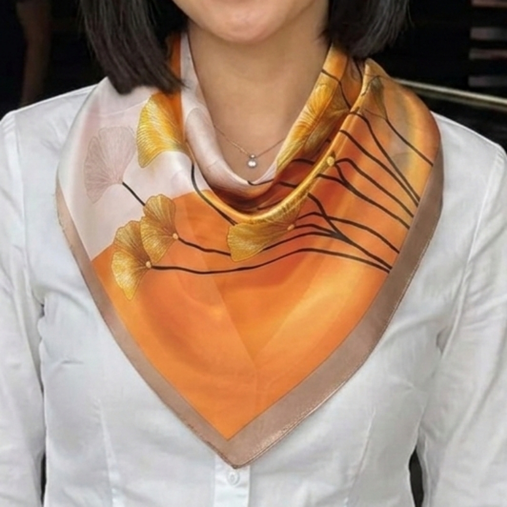 NWT Orange Cream Ginkgo Leaf Silky Satin Square Scarf Neck Scarf Headscarf 27.5"